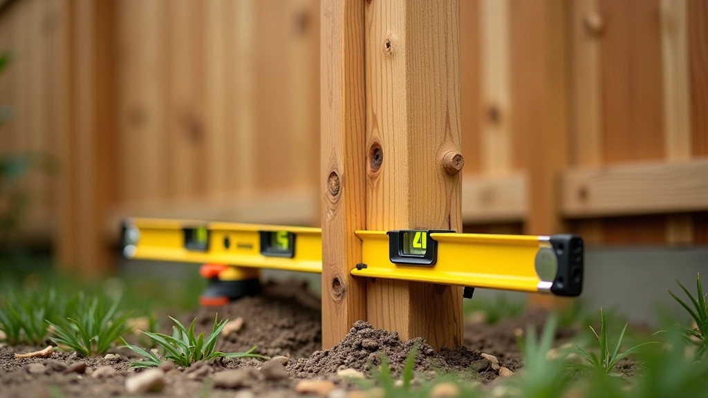 4-foot level checking plumb of wooden fence post with measurement visible