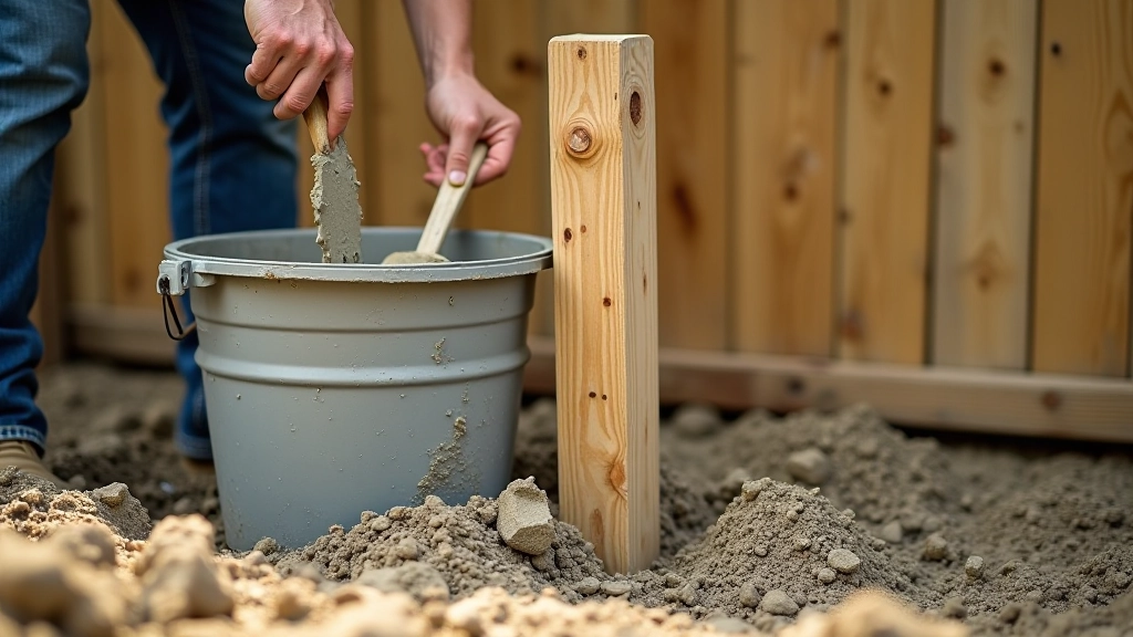 Concrete being mixed and poured around base of wooden fence post in ground