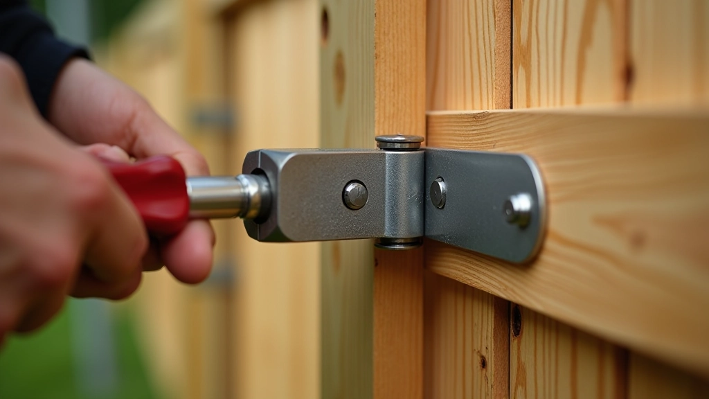 Garden gate hinges and hardware installation on wooden gate frame