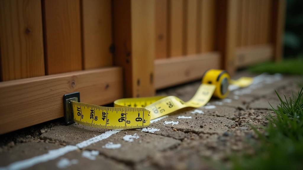 Measuring tape and chalk line marking post positions on ground for fence layout