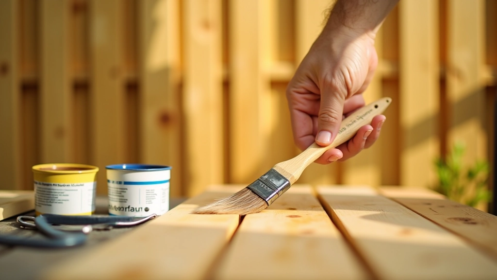 Wooden fence panels being sealed with protective finish and stain