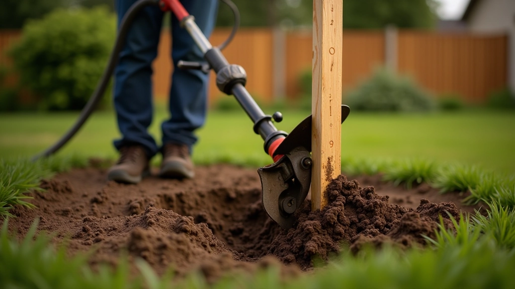 Post hole digger tool creating deep hole with measurement marking visible on post